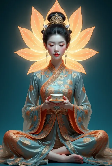 A realistic portrait of an elegant Chinese woman with porcelain-like skin sits in a serene meditative pose, holding a delicate teacup close to her lips. She wears a flowing dress adorned with intricate and colorful patterns inspired by traditional Asian mo...