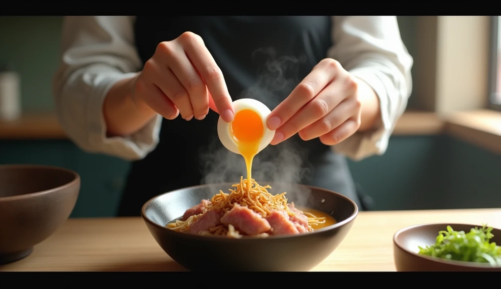 Save the woman who is cracking an onsen egg into Gyudon without seeing her face.