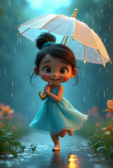 Cute  holding umbrella in rain.wearing cyan sparkling dress. 3D animation 