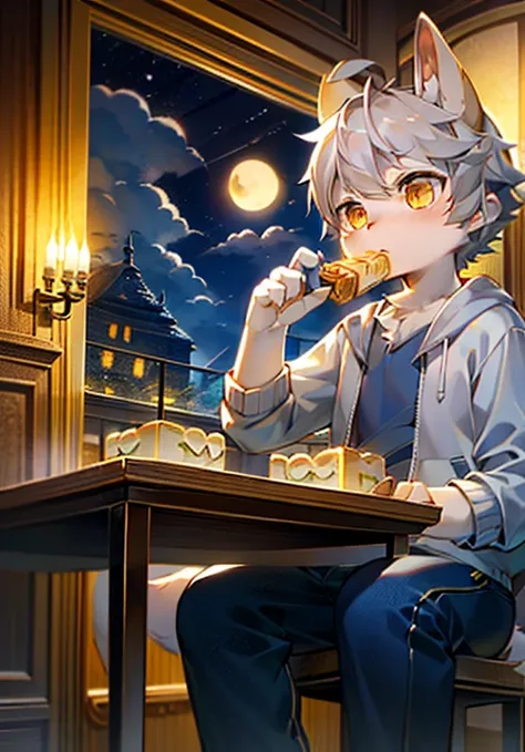 Brown bunny，cute，Handsome，boy，Big furry tail，Silver hair，Golden Eyes，Sitting by the window，Moon Viewing，Big full moon，Eating mooncakes，Wearing clothes，Rabbit ears，Rabbit Tail，Brown fur，Detailed background，masterpiece