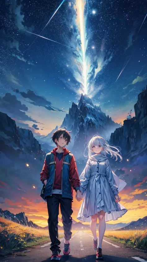 anime style, two people walking hand in hand on the road, that leads to a beautiful mountain, and the whole sky is starry, with some particles flying around them