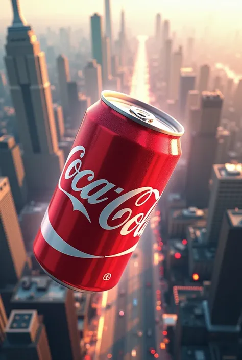 I would like an ad for Coca-Cola in which the can is flying over a city with an aerial view layer protecting the city. 
