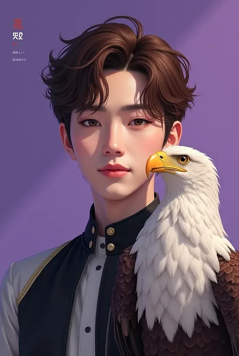 choi soobin handsome man has a handsome face, brown hair wearing black and white clothes, a faint smile, purple background with big eagle