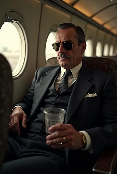 d.b. Cooper is sitting in one of the seats of an old commercial plane, dressed in a dark suit, skinny tie and aviator style sunglasses. His face is serious and enigmatic, almost expressionless, as he calmly holds a drink in one hand. In the background, we ...