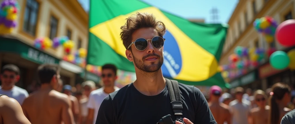 brezilya, traveler, man glasses goggle black t-shirt brunette camera tube horizontal picture brazil flag and girls carnival 

