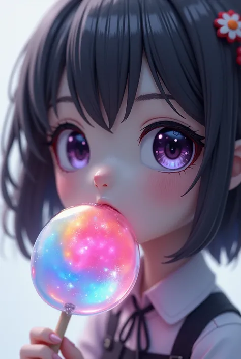 black and white girl licking lollipop, lollipop are transparent and cosmic color and very colorful with many colors in very smooth gradience, super close up of lollipop, very cute monochrome chibi girl,monochrome 3d