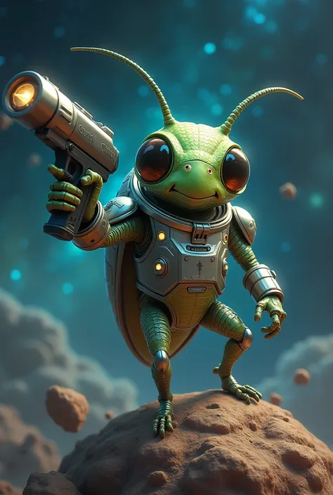 A cockroach from space with a cute lasergun wearing a spacesuit