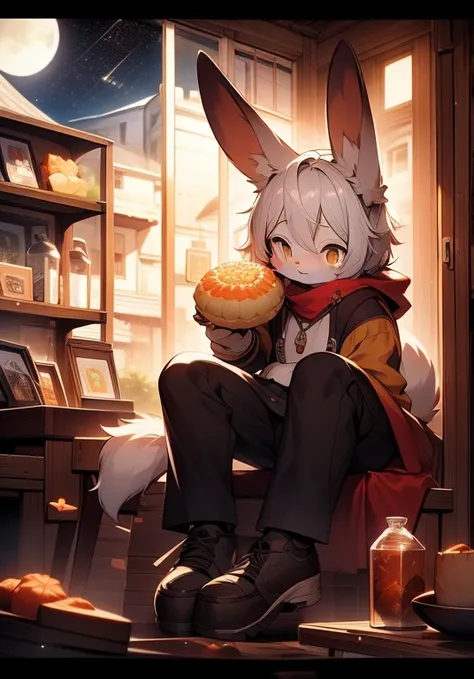 Brown bunny，cute，Handsome，boy，Big furry tail，Silver hair，Golden Eyes，Sitting by the window，Moon Viewing，Big full moon，Eating mooncakes，Wearing clothes，Rabbit ears，Rabbit Tail，Brown fur，Detailed background，masterpiece