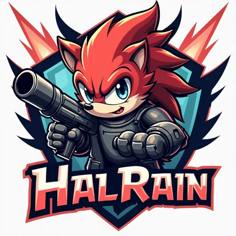 Create me a team logo with a hedgehog in anime style with a weapon for counter strike so that it has the inscription Hailrain on it