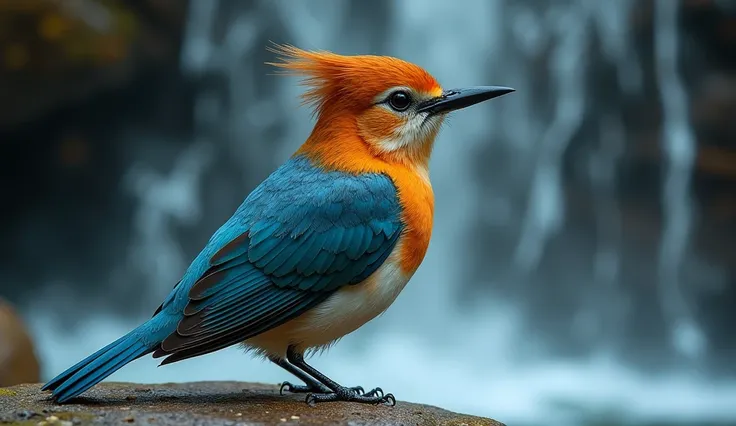 Image 4d, bird singing with open beak, seen from the side, orange head, metallic blue body, metallic brown crest, long tail, waterfall theme