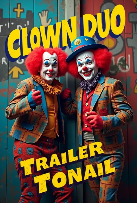 A trailer with the faces of a very famous clown duo clowns different from each other a clown duo focused on the public with vibrant colors each with different characteristics Brazilian clowns the name of the duo on top of the trailer The name of the duo cl...