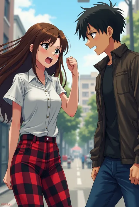 Teenage Anime Girl with Brown hair in Red and Black Plaid pants and a white button up short sleeve shirt slapping a Teenage Guy in Jeans and Jacket