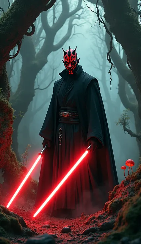 Darth Maul stands in the forest of Endor, glaring at the viewer with his red twin lightsabers in his right hand. A labyrinth of twisted roots, jagged rocks and eerie glow. Every detail is meticulously rendered, from the gnarled branches that tangle the lan...