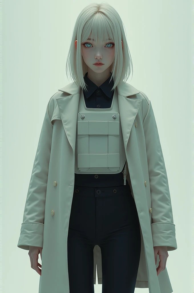 Girl with waist length blonde hair and blue lifeless eyes. Wears dark shirt with light bulletproof vest and white coat on top of all of that. Also wears slim slacks. Height about 158 cm.