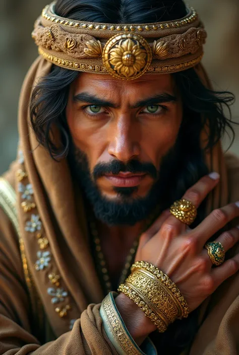 An Arabian man with green eyes, tanned skin, gold jewellery