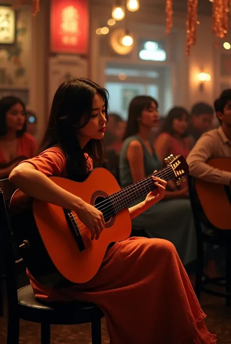 sound of soul, eye closed, feeling up ,there is kim ji-soo  (dark brown hair , brown eye, heavy straight long hair, little smile ), (tradition l  Spanish dress and skirt , hi-heal ),((sitting play flamenco guitar: 1.3))  ,in Madrid night bar, on chair, man...