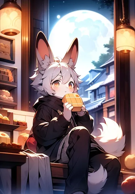 Brown bunny，cute，Handsome，boy，Big furry tail，Silver hair，Golden Eyes，Sitting by the window，Moon Viewing，Big full moon，Eating mooncakes，Wearing clothes，Rabbit ears，Rabbit Tail，Brown fur，Detailed background，masterpiece