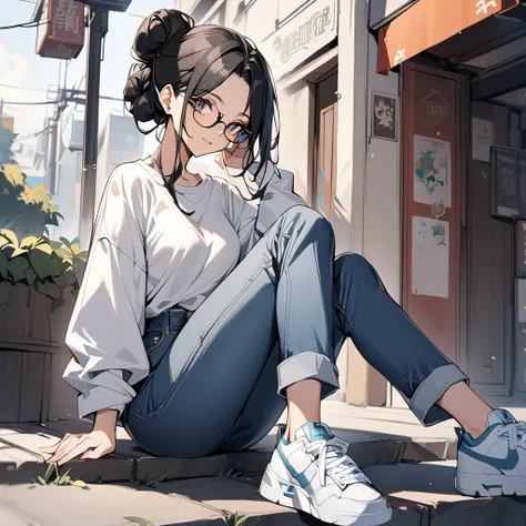 A chinese girl, beautiful, chinese bun hairstyle, black hair, glasses, white shirt, jeans, sneakers