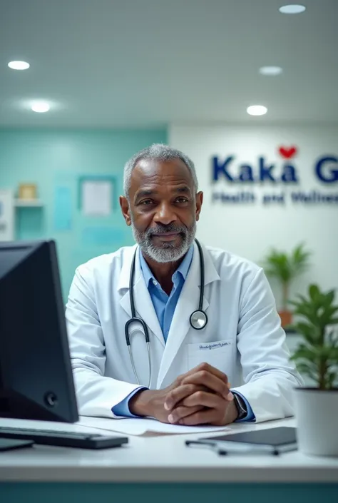 Imagine Of The doctor in the office with logo know as KAKA G HEALTH AND LIFE A doctor should be of  a men of African origin