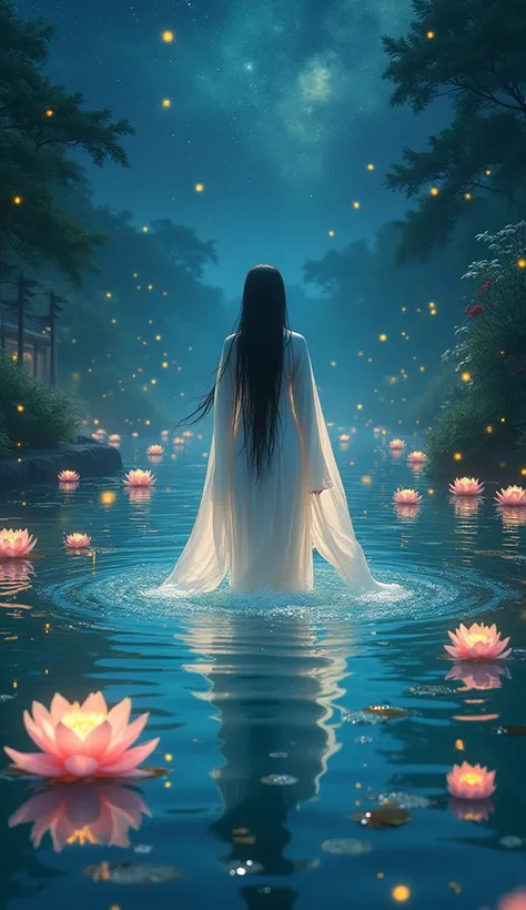 beautiful girl long hair, wearing chinese clothes in the middle of the pool at night, around the pool there are beautiful lotus flowers, and accompanied by thousands of fireflies, with a sky full of stars, masterpiece, reality photo, 8k, very good qualityH...