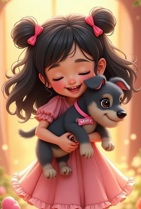 Create an image of a slightly light black mini snauzer dog, with a little chocolate in the ears but not too much, and add a little light chocolate to the face, Add some pretty bows to her head, and on the neck add a pink necklace that says Mimy, also add a...