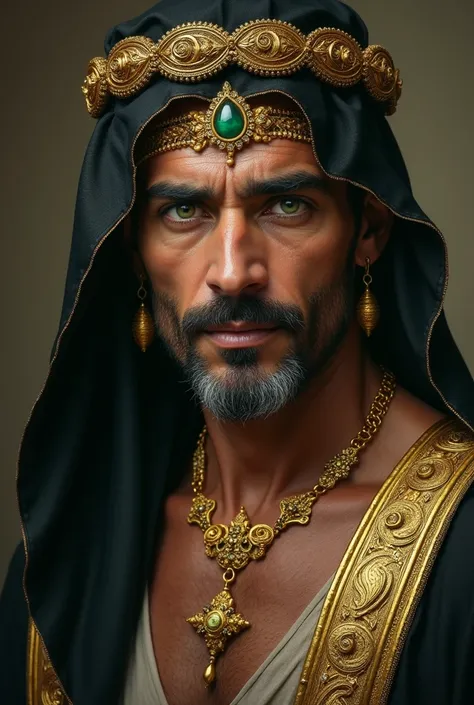 An Arabian man with green eyes, gold jewellery