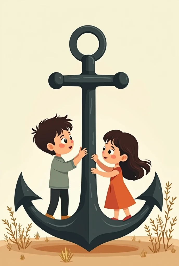 Create a vector image that has two children holding onto an anchor and the mother next to them 