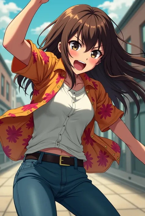 Teenage Anime Girl with Brown hair in Orange and Red floral and a white button up short sleeve shirt stabbing a Teenage Guy in Jeans and Jacket