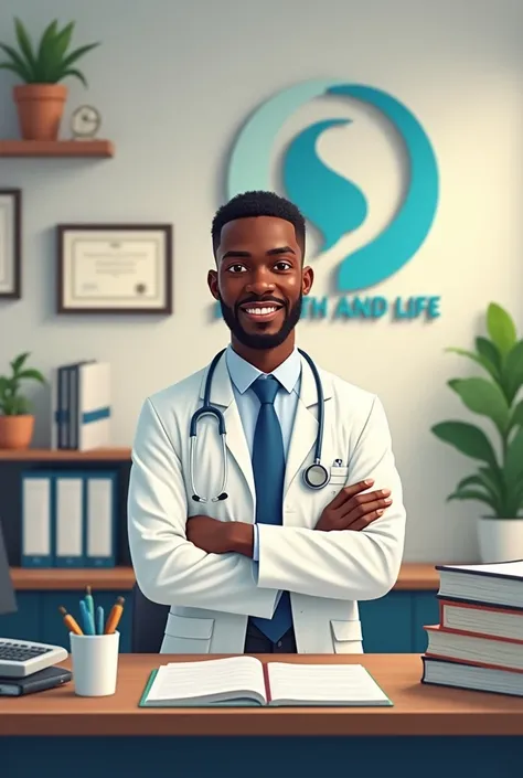 Imagine Of The doctor in the office with logo know as KAKA G HEALTH AND LIFE a doctor should be of  young  men of African origin