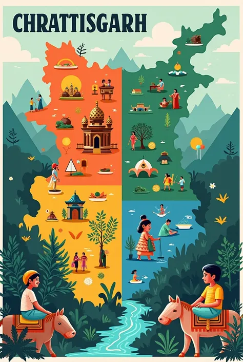 Poster on Chattisgarh and its split into 4 parts and each part is  tourist spot, art, cusine, climate