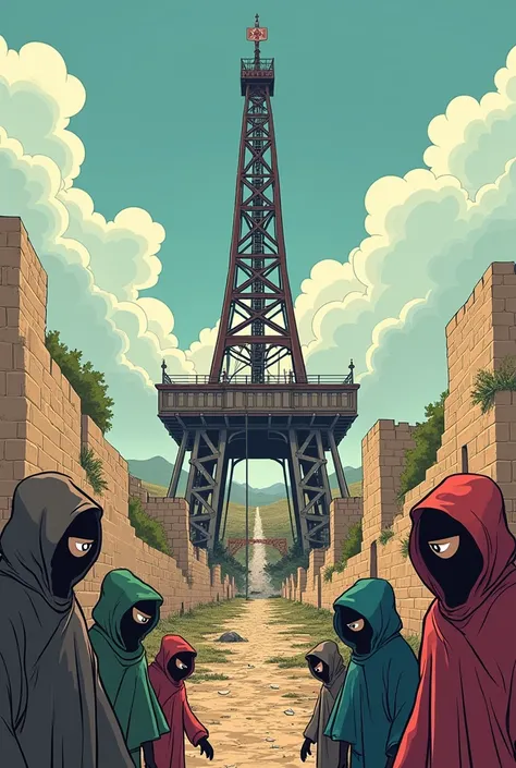 Draw a funny satirical cartoon of the ruins of an ancient fort next to a drilling tower spewing oil.

Around the tower, poor people are seen in the medieval style, their heads are wrapped in hoodies and their eyes are big.