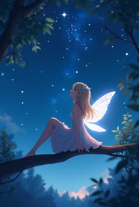 Perched on a moonlit branch、Pensive fairy anime girl looking up at the starry sky、The feathers glow softly at night。She dreams of distant galaxies and undiscovered worlds.。 --with 3:4 