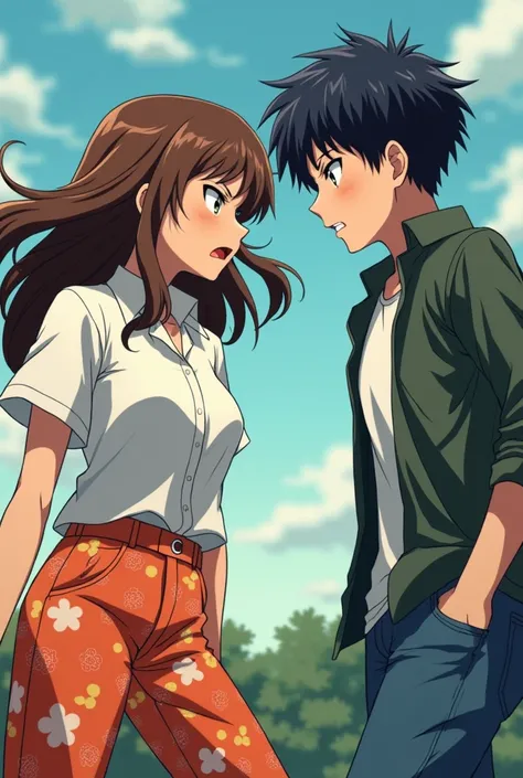 Teenage Anime Girl with Brown hair in Orange and Red floral pants and a white button up short sleeve shirt stabbing a Teenage Guy in Jeans and Jacket