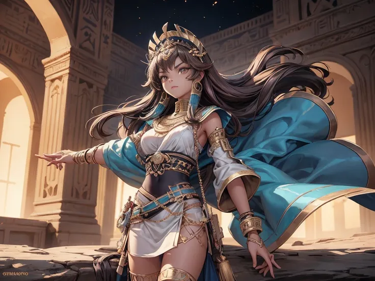 high quality:1.2, Very detailed, up to date, A lonely look, Ultra-high resolution, High Contrast, masterpiece:1.2, 最high quality, Best aesthetics), cute,Brown hair and Egyptian costume、Cleopatra、A young samurai girl holding a dagger in front of her, Blue p...