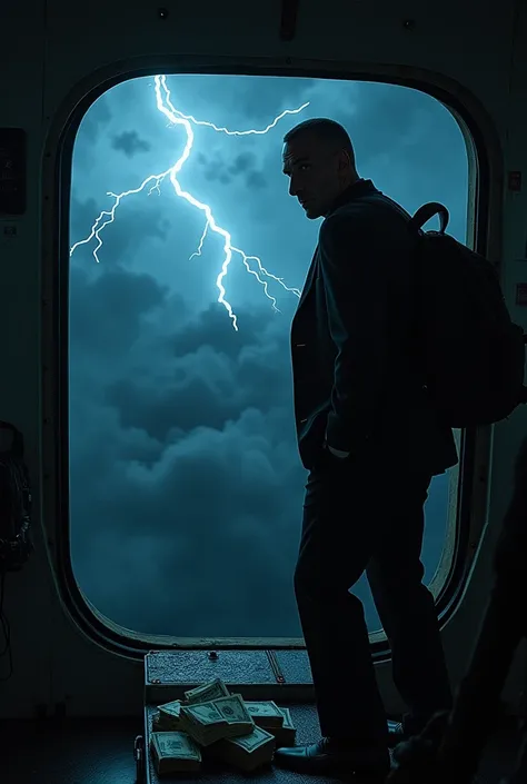 A dramatic night scene seen from inside a plane in flight, where D.b. Cooper is standing near the open back door, about to jump. He is wearing a dark suit, with a backpack full of money strapped to his back and a parachute ready to be deployed. The strong ...