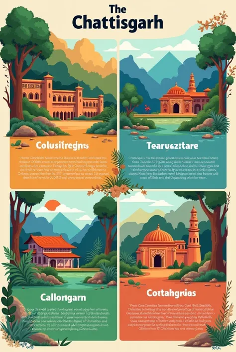 Poster on Chattisgarh and its split into 4 parts and each part is  tourist spot, art, cusine, climate.  Write some information for each part in the poster as well.