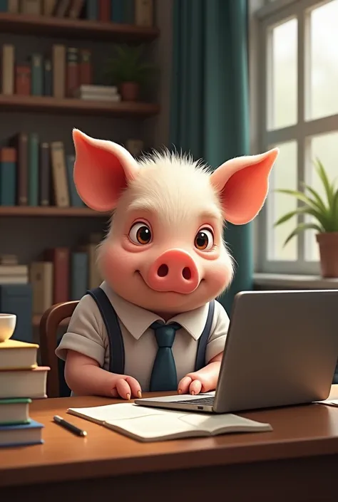 A little pig doing homework seriously
