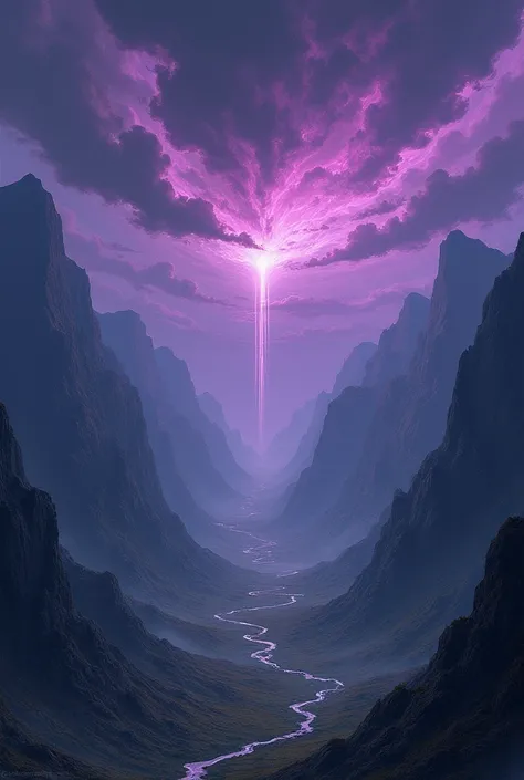 Create a scene vignette for a manga Vignette 1 (Setting the Stage):

An aerial view of a vast valley surrounded by mountains. In the background, You see a sky full of dark clouds that mix with a mysterious purple glow.

Narrative text: "In a world full of ...