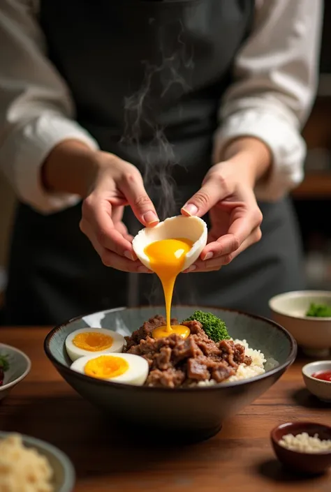 Save a woman pouring a soft-boiled egg out of a brown egg shell, holding the egg horizontally, putting Gyudon in without seeing Save&#39;s face.