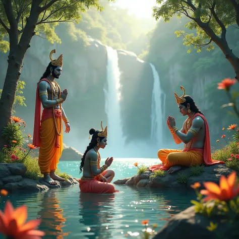 Ram God and Bajrang Bali God and Shri Krishna God enjoying nature and worshippingHigh Resolution, High Quality, UHD, 3D