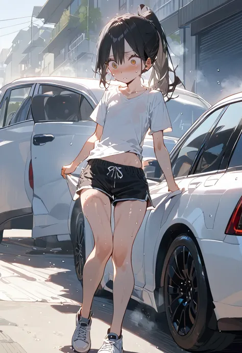 ，Girl，Flat chest，Sunburned skin，Black Hair，ponytail，Thighs，sweat，side，Wide Eyes，car，carの後部座席，T-Shirts，Shorts，Raise the hem of your clothes