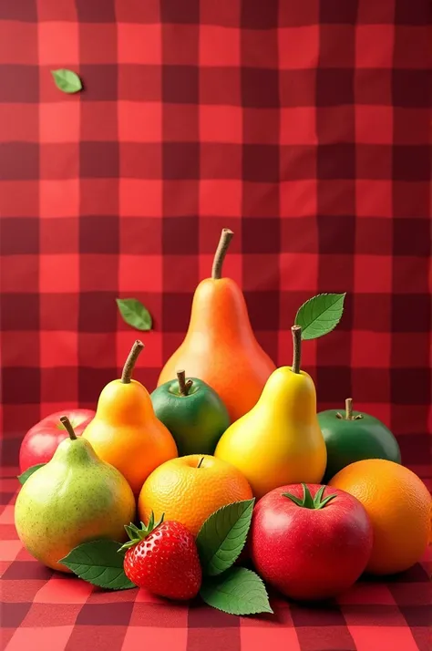 Make a dark red checkered background, light red and white with cute fruits in the middle and the name "fruit"