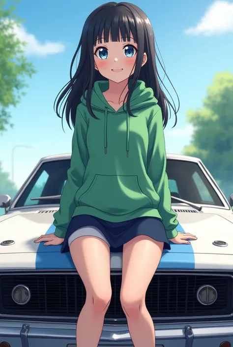 elementary school girl　　flat chest　black hair　long hair　eyes are blue sky　smile（（1 person））　Hooded hoodie with upper body green　Lower body navy blue miniskirt　white panties　white socks　sports boots　daytime　sitting on the hood of a muscle car white　（（足を開いてw...