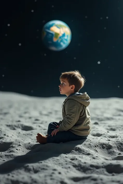 A real boy sitting on the moon