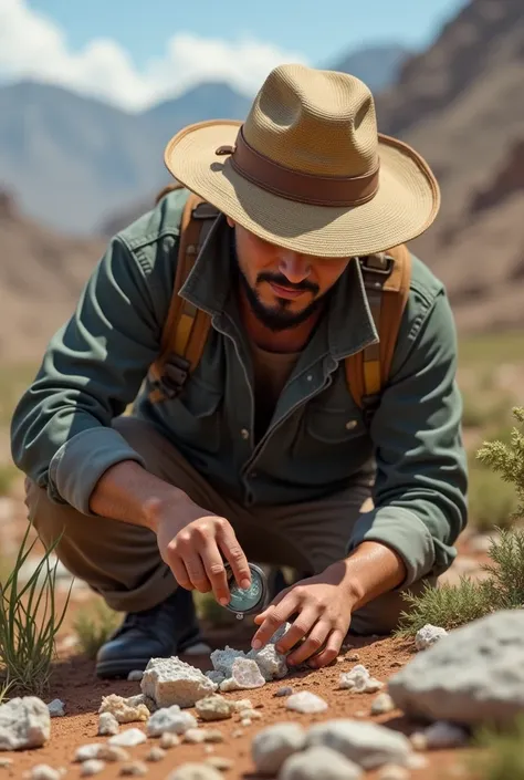 Create an image of a Peruvian Geologist in the field observing minerals with his magnifying glass, that is not fat, The geologist&#39;s magnifying glass is small, that is a person of approximately 30 years old, that he has a sunshade that his face is not t...