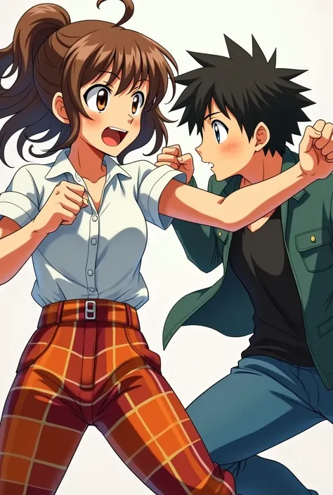 Teenage Anime Girl with Brown hair in Orange and Red plaid pants and a white button up short sleeve shirt punching a Teenage boy in a Jacket and Jeans in the face 