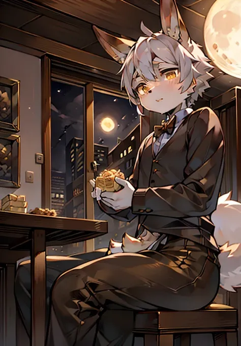 Brown bunny，cute，Handsome，boy，Big furry tail，Silver hair，Golden Eyes，Sitting by the window，Moon Viewing，Big full moon，Eating mooncakes，Wearing clothes，Rabbit ears，Rabbit Tail，Brown fur，Detailed background，masterpiece