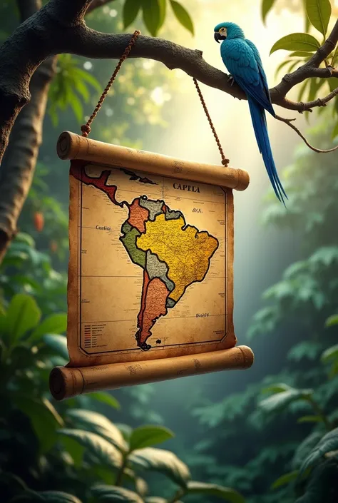 A old brazil map hang on a tree branch, a blue hyacinth macaw parrot sat on the branch, lush greenery rainforest background, sun rays