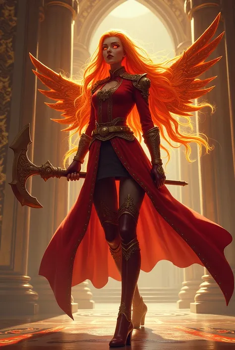 a girl, de 1,72 tall, eyes the color of flaming fire, long hair made of lava, in red palace guard uniform, withe wings, with a stick with a blade on top, full body in position 3/4, 2D.