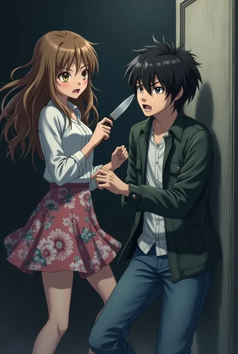 Teenage Anime Girl with Brown hair in a Floral skirt and a white button up short sleeve shirt stabbing a Teenage boy in a Jacket and Jeans with a knife 